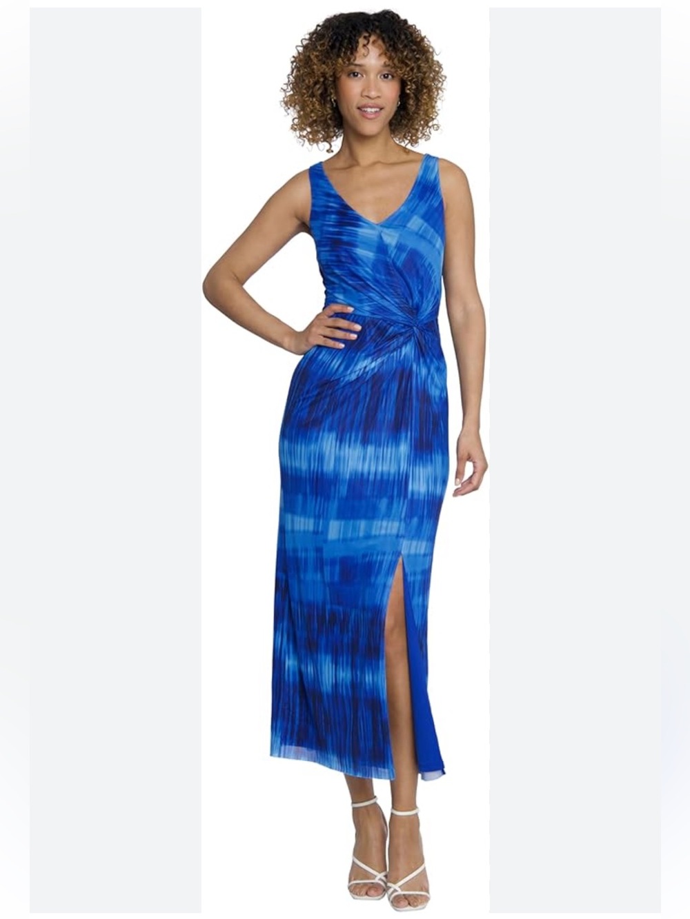 Maggy London Fitted Blue Multi-Blue V-Neck Twist Maxi Cocktail Dress with Slit